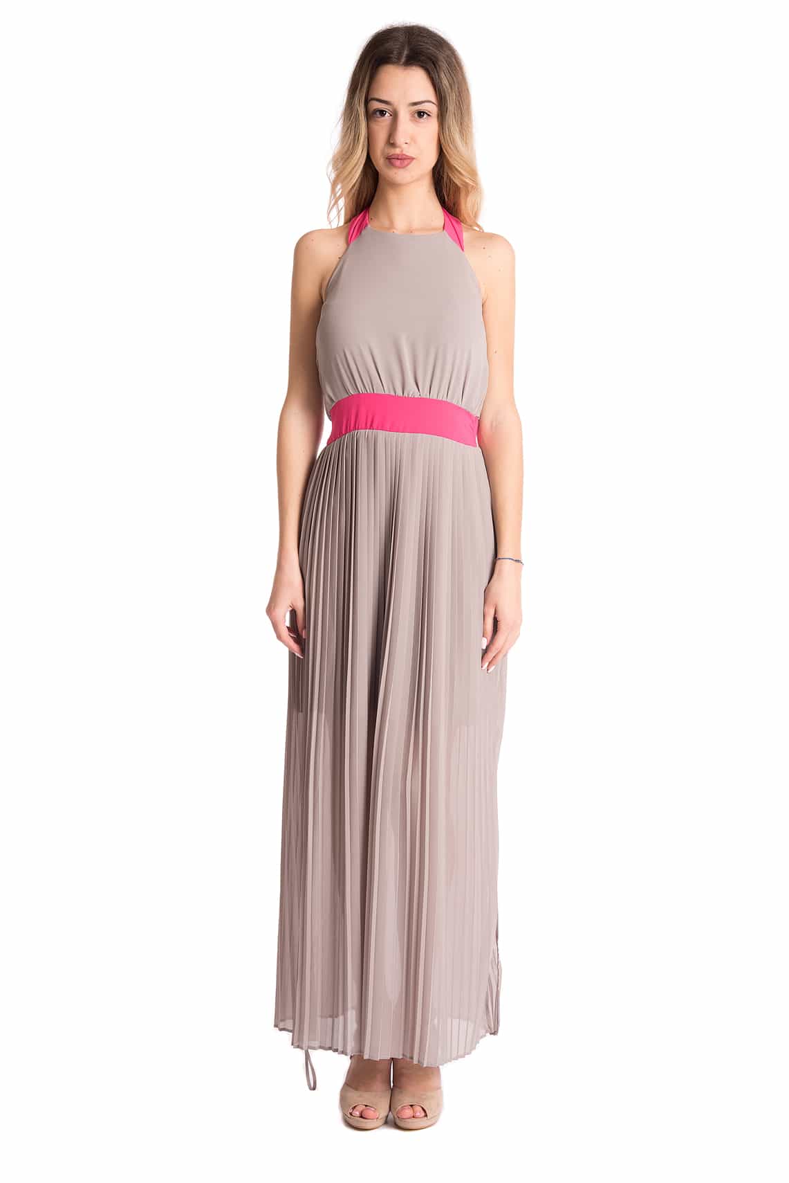 Hony Abito 432AB, Tortora/Fuxia, Lungo, Plissè, Viscosa